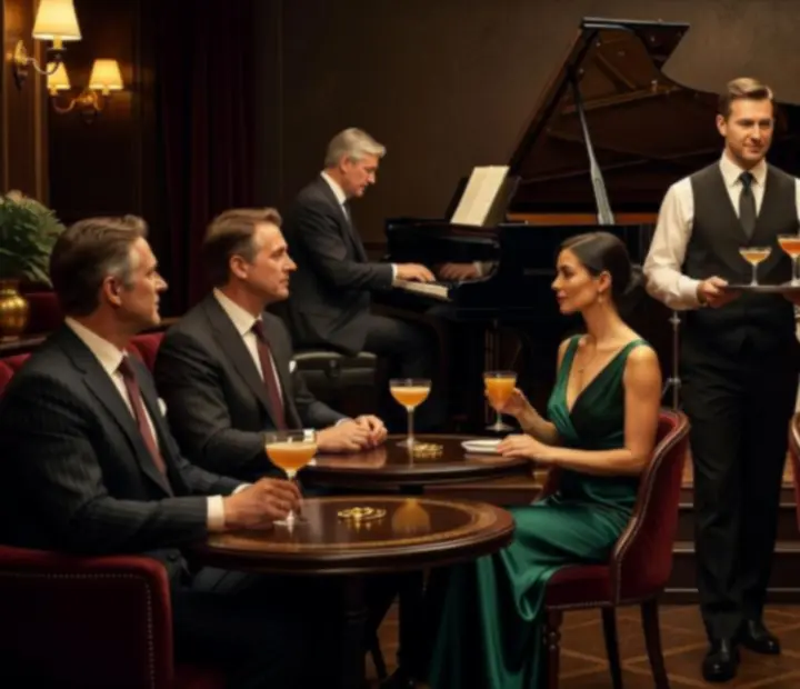 Élő jazz zenekar és zongorista egy elegáns bárban, vendégek koktélokkal az asztalon