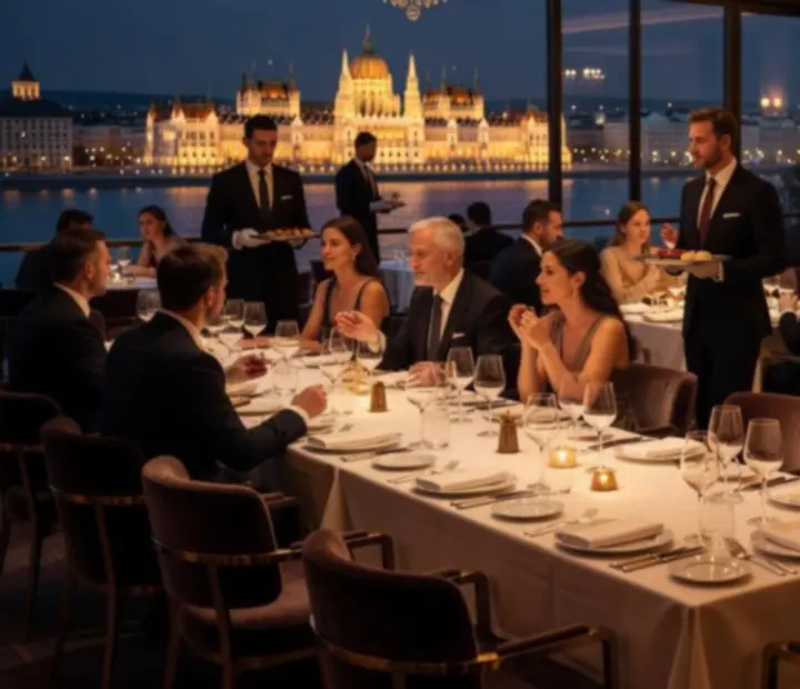 Elegáns céges rendezvényhelyszín Budapesten gyertyafényes asztalokkal és exkluzív atmoszférával