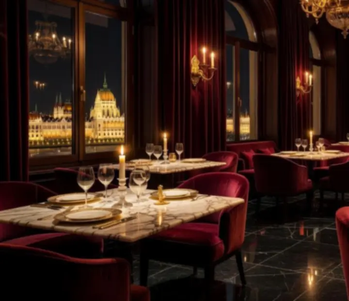 Exkluzív gourmet éttermi enteriőr elegáns terítéssel Budapesten