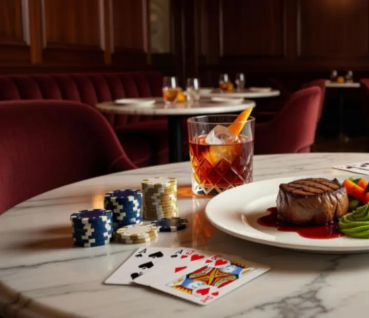 Gourmet fogásokkal megterített poker asztal pezsgővel és elegáns környezetben