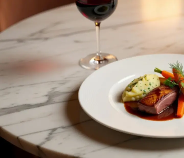 Gourmet fine dining fogás művészi tálalással, aranyló fények mellett.