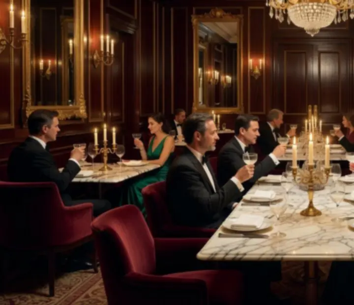Elegáns budapesti fine dining étterem aranyló hangulatvilágítással, poker asztallal és gyertyafényes enteriőrrel.