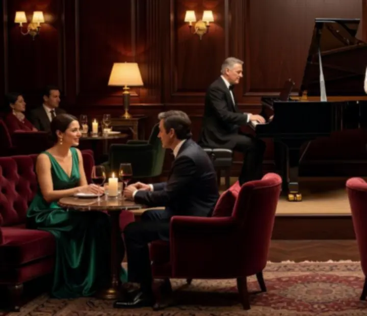 Élő jazz zenekar játszik gyertyafényes exkluzív éttermi környezetben.