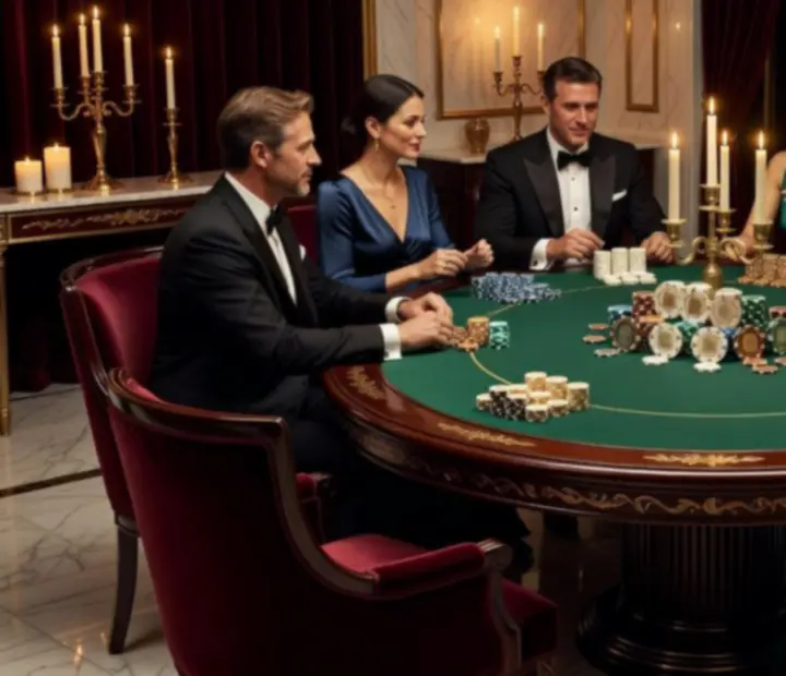 Elegáns poker asztal szimbolikus zsetonokkal, gyertyafényes, luxus éttermi környezetben