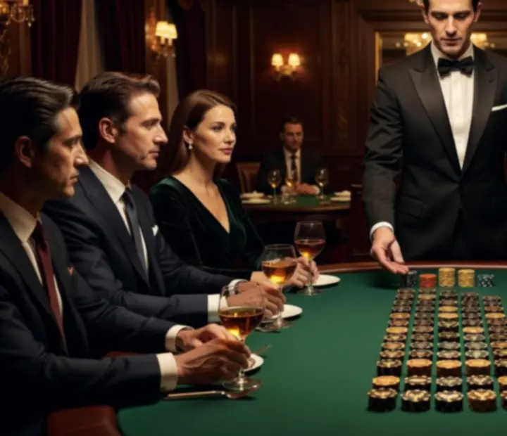 Tápasztalt házigazda prémium poker asztal mellett szimbolikus zsetonokkal
