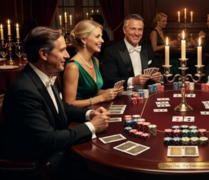 Elegáns poker asztal szimbolikus zsetonokkal és elegáns vendégekkel.