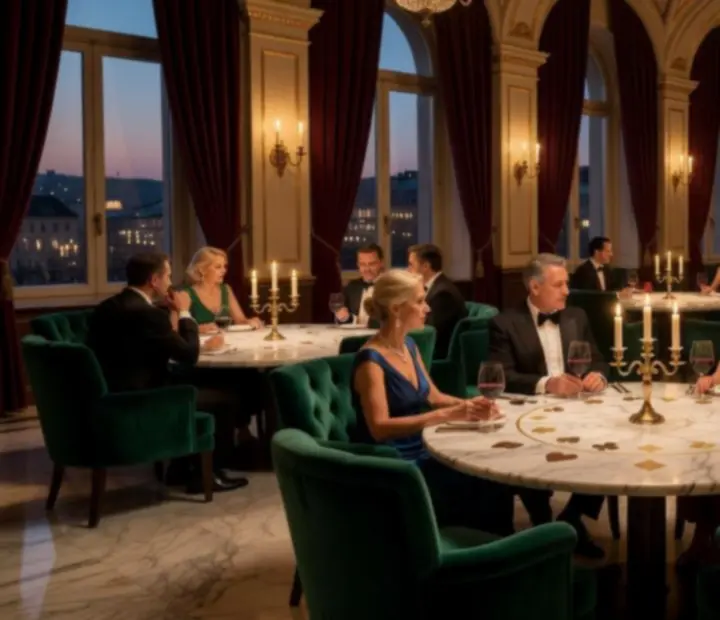 Elegáns budapesti poker étterem prémium asztalokkal és szimbolikus zsetonokkal