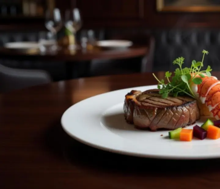 Gourmet steak és tengeri fogás elegáns tálalással egy luxus étterem asztalán