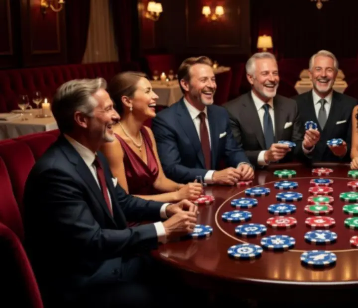 Vendégek társasági poker játék közben szimbolikus zsetonokkal egy elegáns étteremben