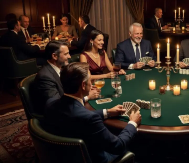 Elegáns privát poker este szimbolikus zsetonokkal és luxus környezettel