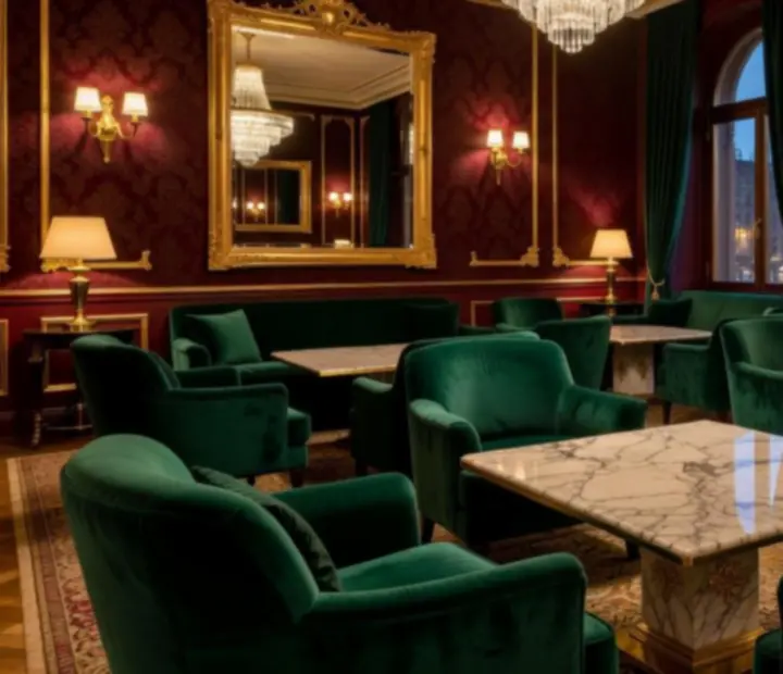 Exkluzív VIP Lounge belső tér bársony fotelekkel, márvány asztalokkal és arany díszítőelemekkel
